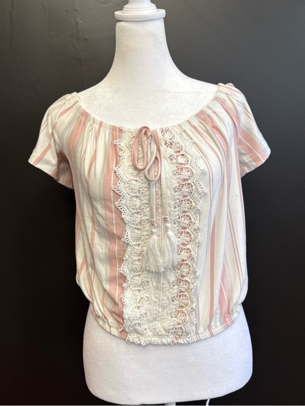 Women’s Pink Striped Lace-Front Peasant Top